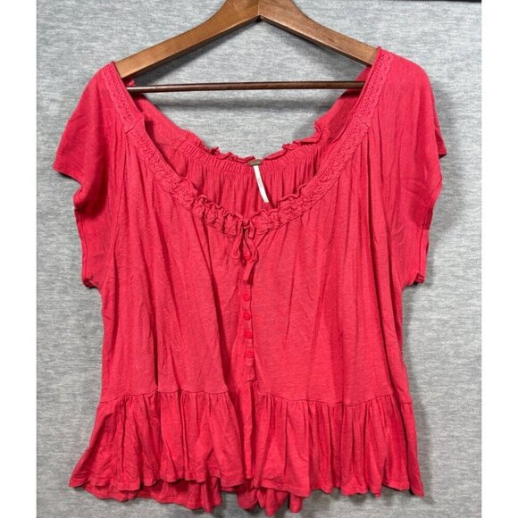 Free People Charlie Coral Red Peasant Top L Button Front Lace - Picture 1 of 5